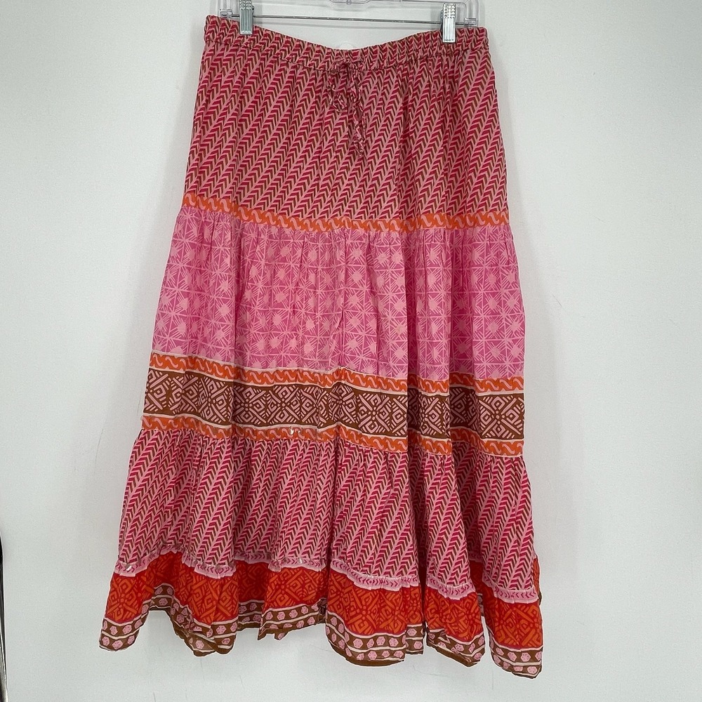 White Stag Women's Vintage Pink Tiered Geometric Peasant Midi Skirt Size M 8-10